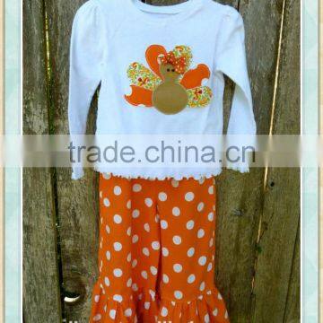 Wholesale children's fall outfits kids Thanksgiving day clothing set lovely baby Turkey applique shirt and ruffle pant set