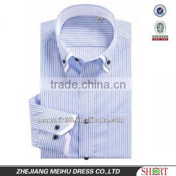 Exclusive style Yarn dyed Blue Stripes 100% Natural Cotton men's dress shirt with Double Collar&Cuff