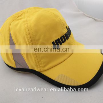 Yellow polyester sports cap with reflective trimming Black binding polyester running cap sports caps