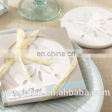 White "By the Shore" Sand Dollar Coaster wedding table decoration