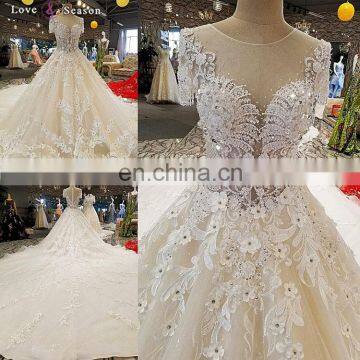 LS00298 Wedding Gown Classic Custom Short Sleeves Flower Pattern Long Train Sexy Zipper Wedding Dresses photo-2