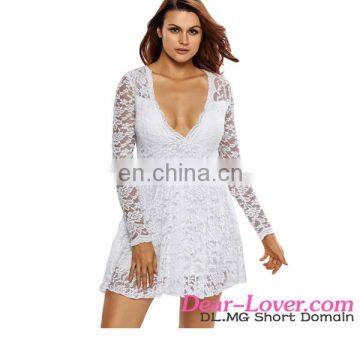 Women V neck sexy elegant long sleeve short skater dress