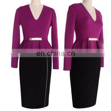 Elegant v neck lady pencil dress in long sleeves design with ruffled waist detail