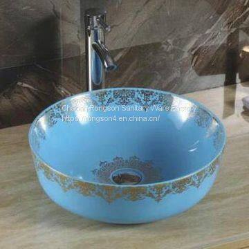 Luxury hotel bathroom ceramic round shape blue color wash hand basin sink with european popular design