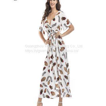 Half Sleeve Leaf Printed Front Open Waist Tied Women Dress photo-2
