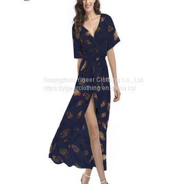 Half Sleeve Leaf Printed Front Open Waist Tied Women Dress photo-3