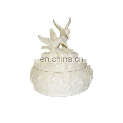 custom white personalized pearl glazed bird flower ceramic jewelry box