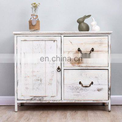 Distressed White Paulownia Wood Shabby Chic Sideboard Storage Cabinet