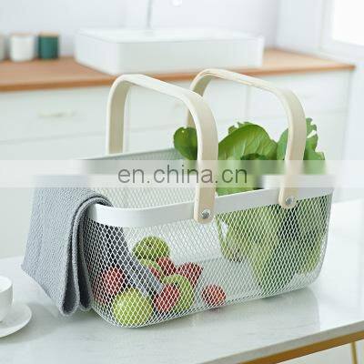 Manufacture Kitchen Home Big Size Black Metal Wire Iron Fruit Storage Basket Double Wood Handles photo-4
