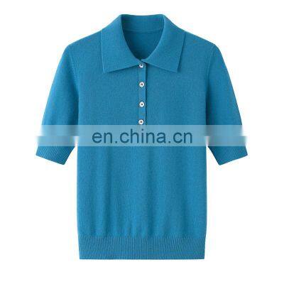 Wholesale Custom Pure Cashmere Polo Shirt Women Short Sleeves Polo Neck Solid Color Knitted Pullover Formal Style Button Spring