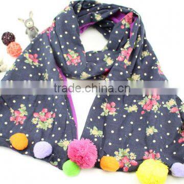 Good Quality Cute Sweet Small Floral Print Colorful Pom Pom Balls Fashion Baby Girls Winter Scarf photo-3
