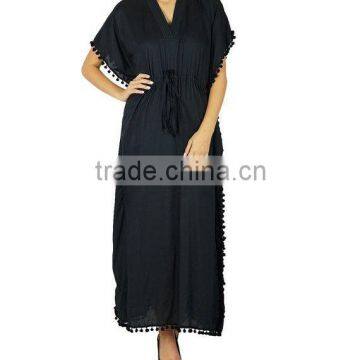 Women Solid Long Kaftan Pompom Dress Maxi Dress pompom kaftan abaya manufacturer