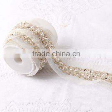 Wholesale gold thread embroidery sequins applique white mesh hand sewing lace trimmings for belt decoration