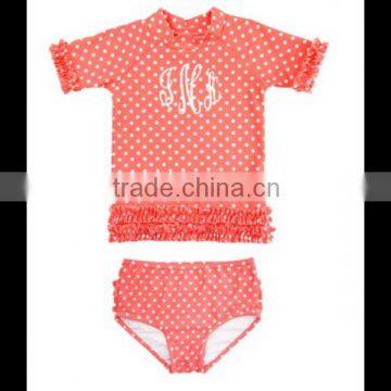 (SM112#coral )2-6T deep coral polka dot ruffled rash guard bikini for children clothing