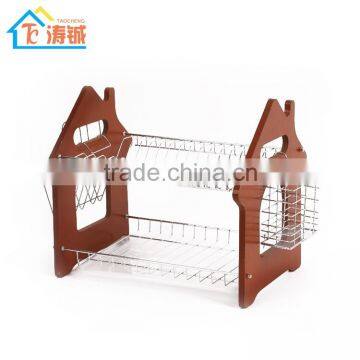 Classical Wooden Storage "house"shape Kitchen Dish Rack Single Plastic Tray photo-2