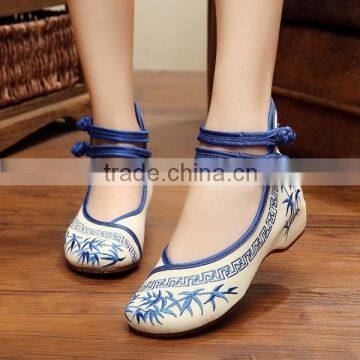 Women Casual Shoes Ankle Strap Round Toe Chinese Style Bamboo Embroidered Ladies Cotton Walking Flats Oxford Sole No Logos