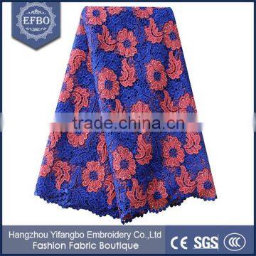 Royalblue pink floral embroidered lace fabric for girls formal dress durable wearing polyester chemical guipure lace fabric