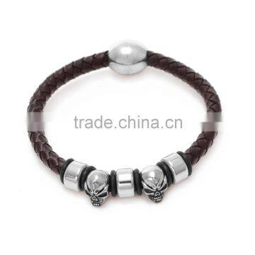 High Quality Brown Braided Leather Bracelace for Men Magnetic Clasp Leather bangle rope with skull