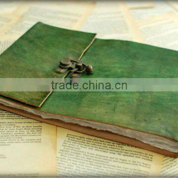 Green leather notepad with proper lock, Vintage and old looking journal from India