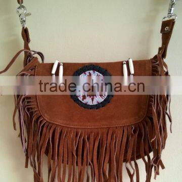 Native Western Style Suede Leather Beaded Shoulder Bag Fringed Brown