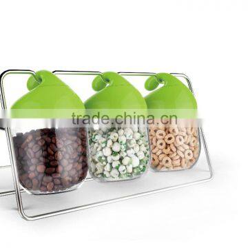 SINOGLASS trade assurance with rack 3 pcs set 450ml unique design plastic clip top glass food storage jar