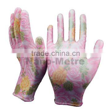 NMSAFETYEN388 13 Gauge Pink Nylon Liner Coated Flower Print PU Garden Gloves photo-2
