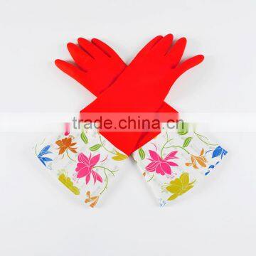 Red Wide Mouth Plus Velvet Long Flower Rubber Gloves Antiskid Household Dishwashing Cleaning Warm Gloves photo-2