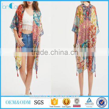 Kimono clothing 2017 new arrival multicolor printed slit side fringe hem kimono with tassels