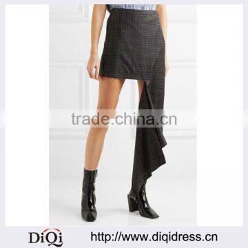Wholesale Women Apparel Asymmetric Hem Dark-brown Checked Wool-twill Skirt(DQE0387SK)