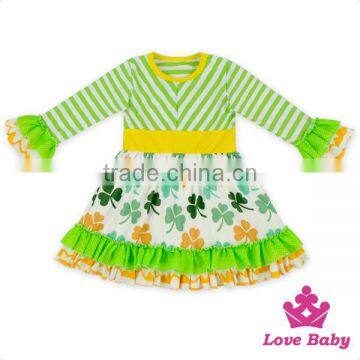 Korean Style St. Patricks Day Spring Ruffle Long Sleeve Green Clover Printed Baby Girl Clothes Dress Top