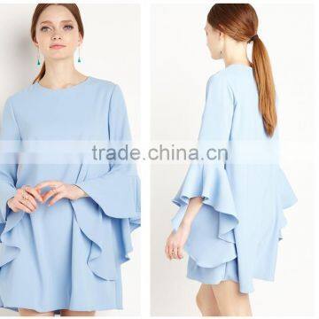 Womens Fashion Blue Sweet OL Lotus Sleeve Loose A-line Chiffon Elegant Dress photo-2