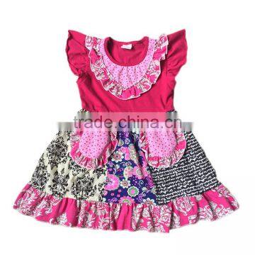 summer dress for girls flutter sleeve printing rose red latest dress styles Floral printing ruffles children frocks designs