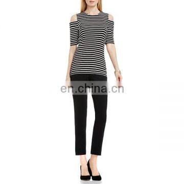 Custom Cold Shoulder Stripe Short Sleeve Top Fashion Crewneck Ladies Tops