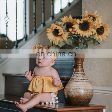 New Arrival Baby Children Clothes Sets Sleeveless Bandeau Sling Top + Sunflower Print Shorts + Hair Strap Set photo-6