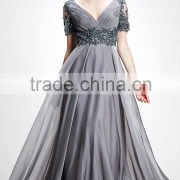Autumn Style Elegant V-Neck Smooth Lace Short Sleeve Floor Length Evening Gown photo-4