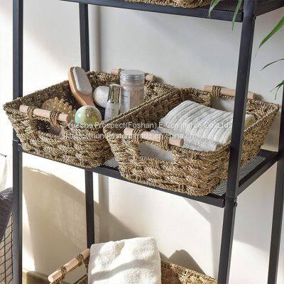 Natural Seagrass Basket with Wooden Handle Handmade Rattan Storage Basket