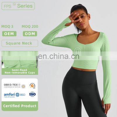 Ribbed Custom Semi Fixed Cups Yoga Crop Tops Long Sleeve High Impact Women Sports Bras