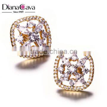 Newest Fashion 2016 2-Tone Plated Square Shape Office Lady Stud Earrings with Zircon