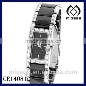 Fashion BLACK CERAMIC BRACELET WATCH RECTANGLE FACE*LADIES CERAMIC RHINESTONE BLACK WATCH