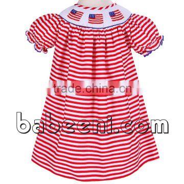 Red printed stripe hand smocked bishop dress for Independence Day with American flag patterns