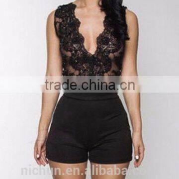 Women's Sexy Black Jeweled Sheer Mesh Party Jumpsuit Romper