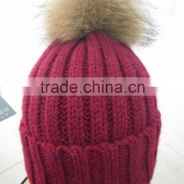 Knitted real raccoon leather fur ball pom pom hat