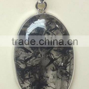 Black Rutile Oval Cabochon 925 Sterling Silver Pendants , Designer Sterling Silver Pendants, Fashionable Sterling Silver Pendant