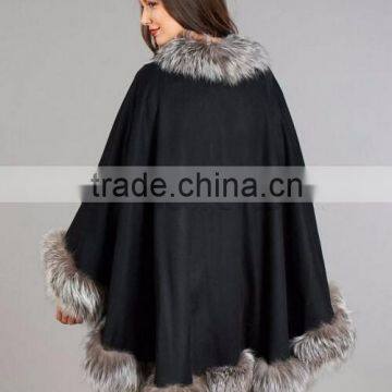 Original Design Long Pushmina Poncho With Silver Fox Fur Trim Ladies Fur Cashmere Shawl/Cape photo-3