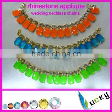 2014 New Design rhinestone applique Handmade neon color Strass crystal necklace chain for wedding dress