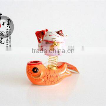 Golden Fish Base Ceramic Lucky Cat for Car Decoration Colors to Choose Fortune Cat photo-2