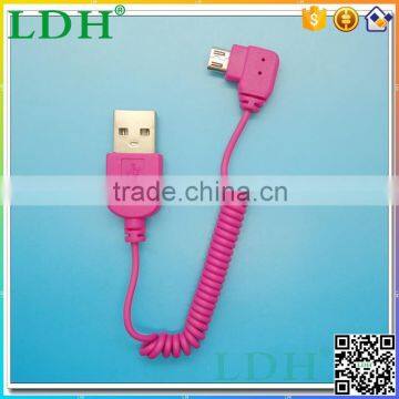 Hot sell L-shaped Spring Coiled curl Micro USB to USB2.0 Charging Cable for Samsung/Android Mobile Phone Magenta