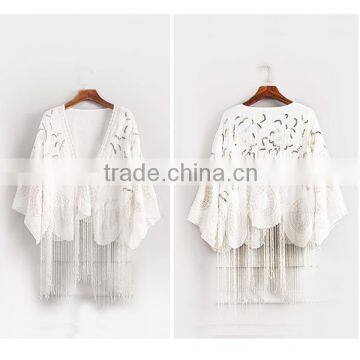 High Quality 2016 Summer Fashion Women Half Flare Sleeve Blouses Tassel Complicated Embroidery Beaded Sequin Long Cardigan