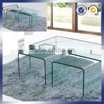 Classic Design Special Shape All Glass Transparent Coffee Table Glass Top 1+2 cafe table