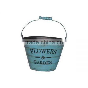 Blue Printed Metal Pail Planter Metal Flower Pot Colorful Metal Garden Pot Container